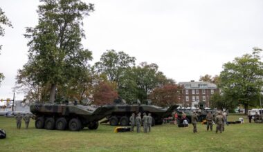 Amphibious combat and light armored vehicles on display for visitors at the Navy Yard in Philadelphia, Pa., on Saturday, Oct. 11, 2025. Military vehicles will participate in a parade on Monday Oct. 13 that will lead to street closures in Center City.