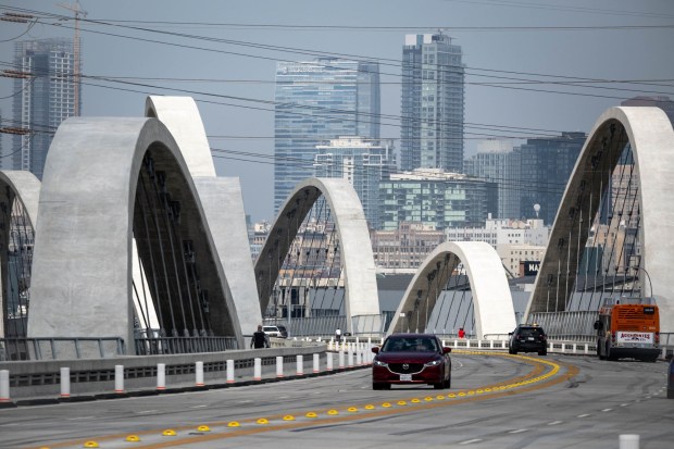 Cool design and city views are big draws to the 6th Street Bridge in Los Angeles, CA Wednesday, July 27, 2022. The LAPD has put more enforcement on the bridge to help cut down on street take-overs, tagging, cruising and other problems since the opening of the new bridge. (Photo by David Crane, Los Angeles Daily News/SCNG)