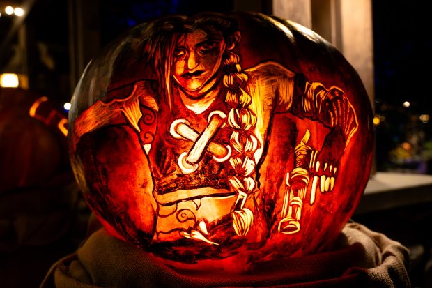 A custom carved Big Mac pumpkin in display in the...