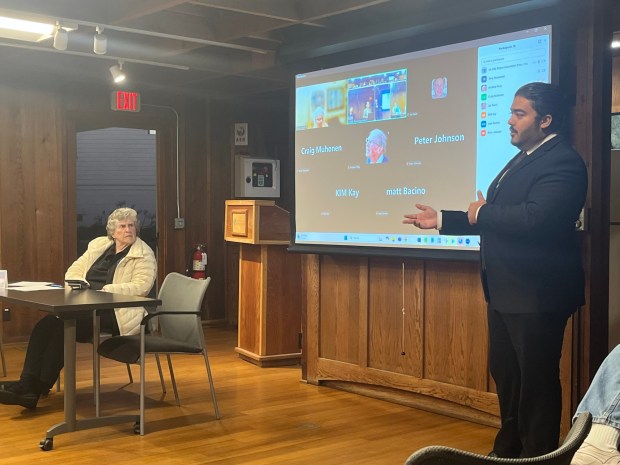 Joaquin Quintero, La Jolla field representative for San Diego City Council President Joe LaCava, delivers an update about La Jolla Shores' new streetlights at the Shores Association's Oct. 15 meeting. (Noah Lyons)