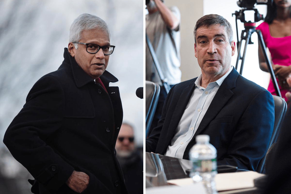 Split image: On the left, a man in a dark coat stands outdoors; on the right, a man in a suit sits at a conference table with cameras in the background.