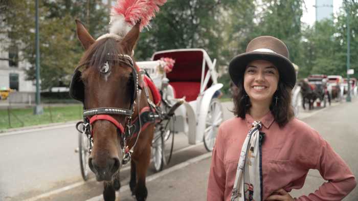 horse-drawn carriage and woman wearing a hat and pink shirt