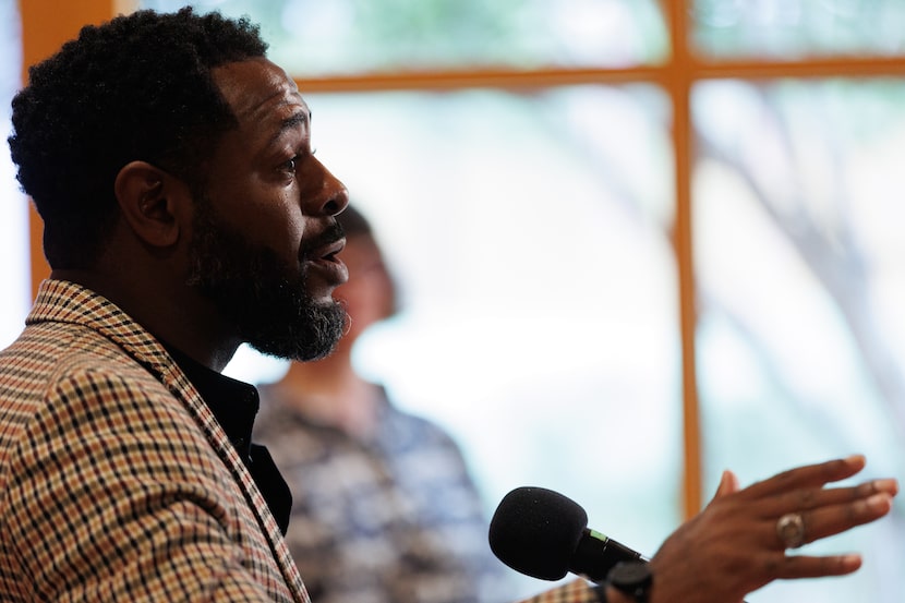 Arete Health Shield's CEO, Byron Sanders (left), announces Creatives Care Dallas, a program...