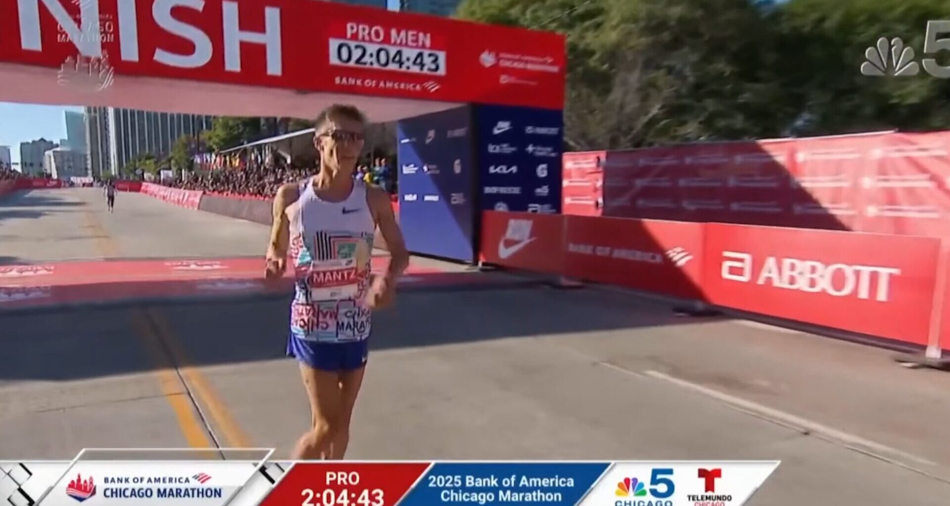 Conner Mantz is pictured at the finish line of the Chicago Marathon on Sunday, Oct. 12, 2025....