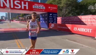 Conner Mantz is pictured at the finish line of the Chicago Marathon on Sunday, Oct. 12, 2025....