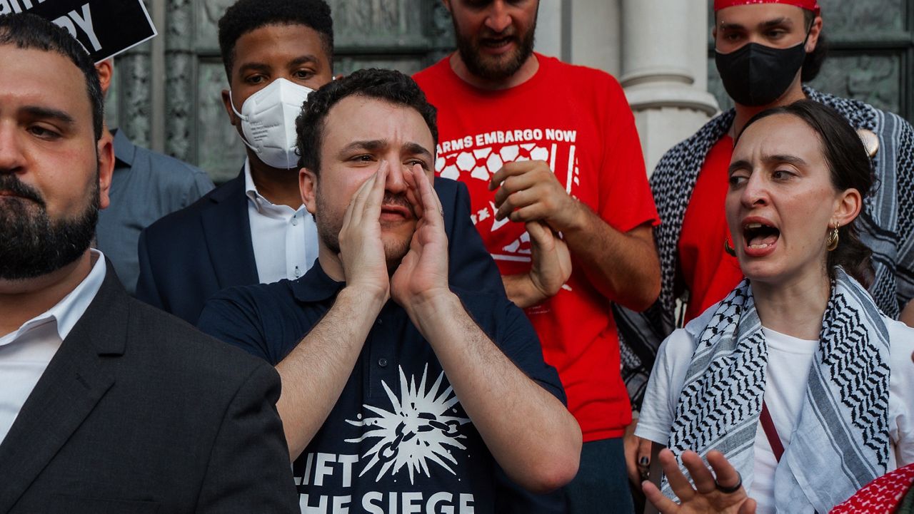 Pro-Palestinian activist Mahmoud Khalil chants during a rally celebrating his return from immigration detention, June 22, 2025, in New York. (AP Photo/Olga Fedorova, File)