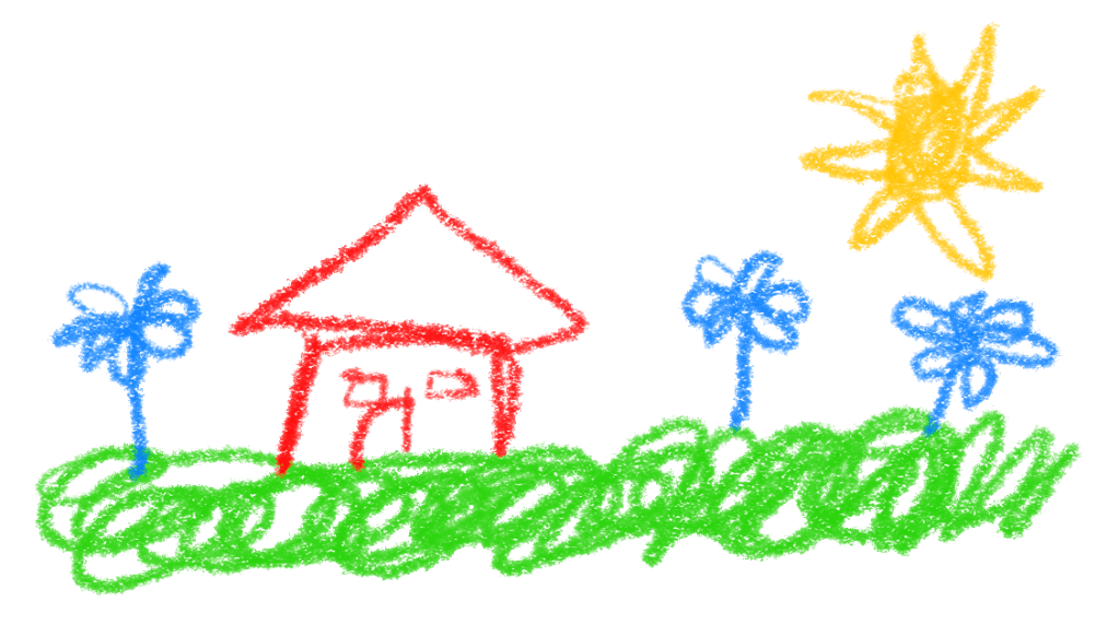 A crayon drawing of red house in a grass field with blue flowers