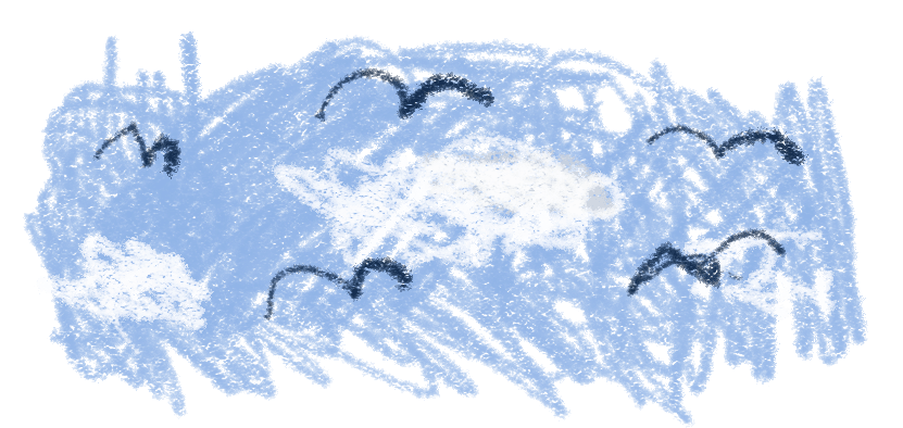 A crayon drawing of birds flying amongst white clouds