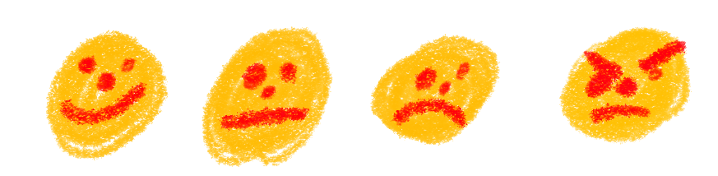 An illustration of four yellow smiley faces depicting different emotions: happy, sad, mad and unsure.