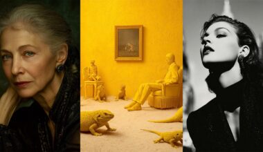 A triptych: left, an elderly woman with gray hair and blue eyes gazes thoughtfully; center, a surreal yellow room with lizards and yellow-dressed figures; right, a glamorous woman poses in vintage black-and-white style.