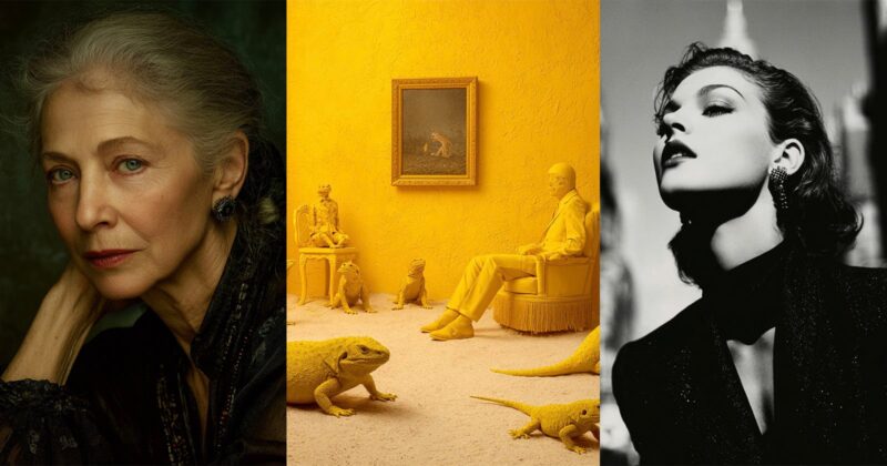A triptych: left, an elderly woman with gray hair and blue eyes gazes thoughtfully; center, a surreal yellow room with lizards and yellow-dressed figures; right, a glamorous woman poses in vintage black-and-white style.
