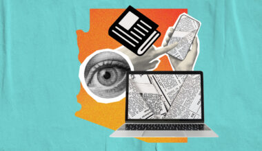 icons of a newspaper and computers against a map of arizona