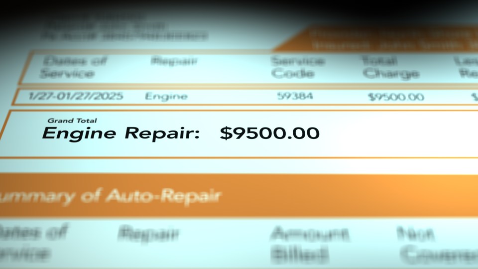 Bill for an engine repair costing $9500.00.