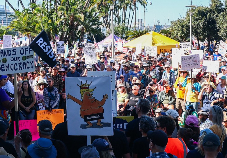 An overview of crowd, cast in darkness in the foreground, then gradually emerging into llight. Many hold signs: one says, resist. One shows a cartoon figure of Donald Trump naked, wearing a crown with a "No Kings" sticker across the crotch. Another says "hands off our democracy."