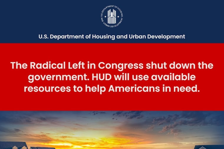 Screenshot of the website for the U.S. Department of Housing and Urban Development on Tuesday, Oct. 14, 2025, blaming the federal government shutdown on the "Radical Left in Congress."
