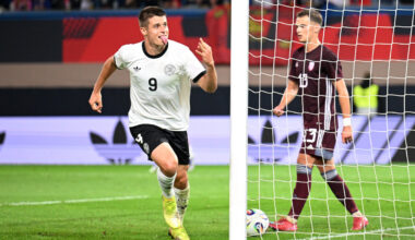 ROSTOCK, GERMANY - SEPTEMBER 09: Nicolo Tresoldi of Germany celebrates scoring his team