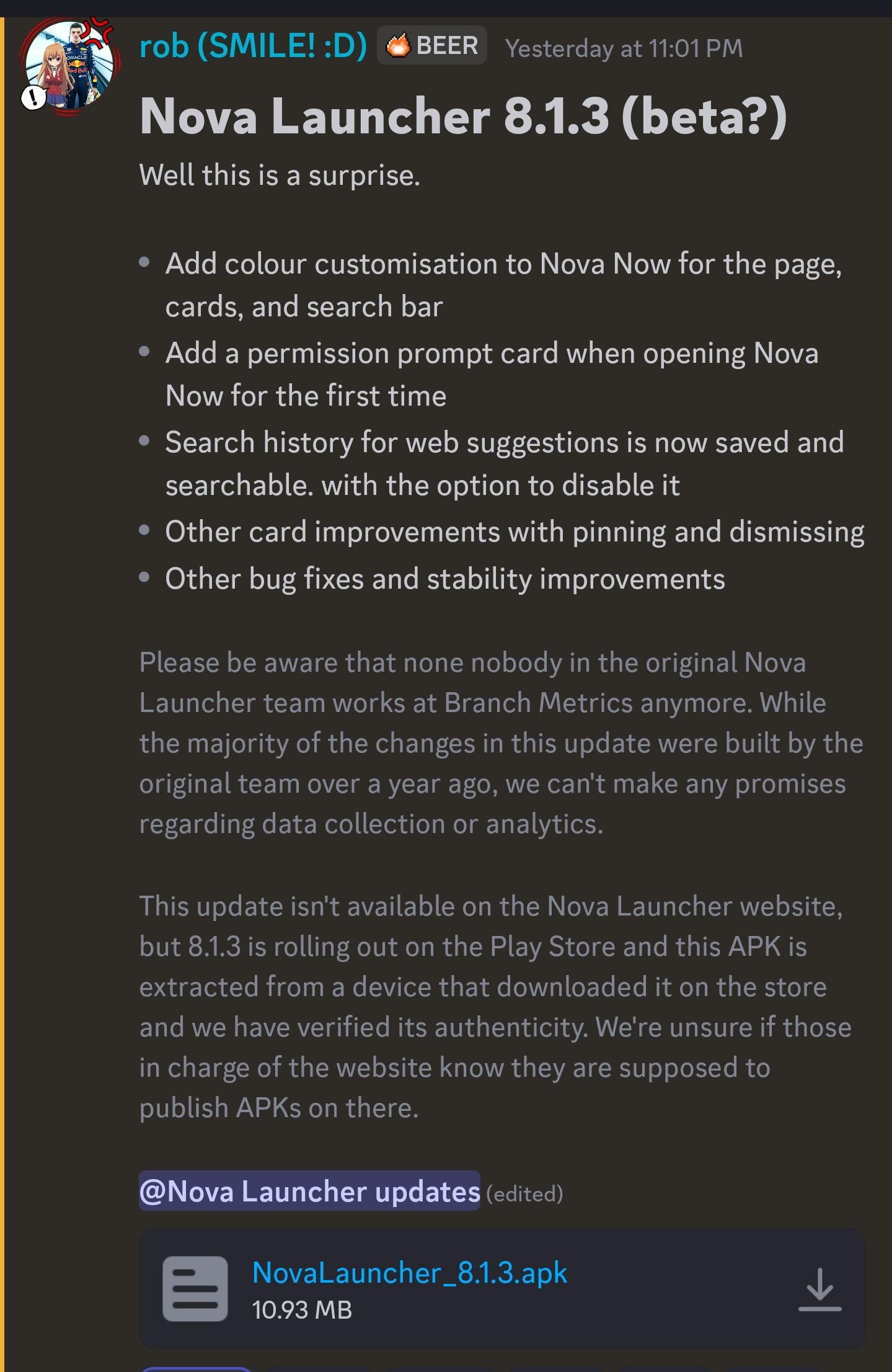 A description of the Nova Launcher update on Discord.