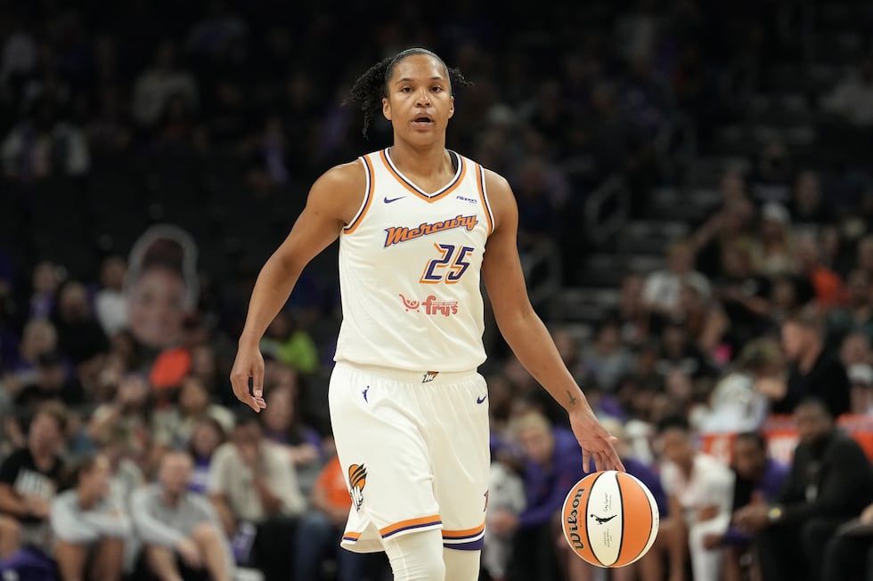 Phoenix Mercury forward Alyssa Thomas dribbles the ball against the Chicago Sky during the...