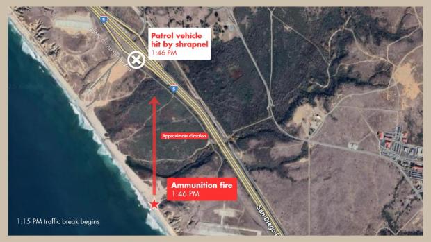 The CHP on Sunday, Oct. 19, 2025, released this map showing where a patrol vehicle was hit by shrapnel on Saturday, Oct. 18, after ordnance it said was fired by the Marines over the 5 Freeway at Camp Pendleton prematurely detonated. (Image courtesy California Highway Patrol)