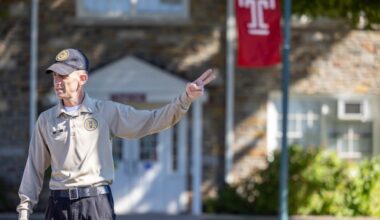 “It’s never too late to pursue your dreams,” said Chris Feder, 50, who has always dreamed of becoming a police officer. Last year, he left a higher paying job to go to the police academy and after graduation this week, he’ll become a Temple University police officer. Feder leads a new class of recruits through getting into proper formation during a flag ceremony on Temple’s Ambler campus.