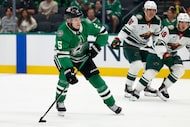 Dallas Stars defenseman Nils Lundkvist (5) handles the puck during the first period of an...