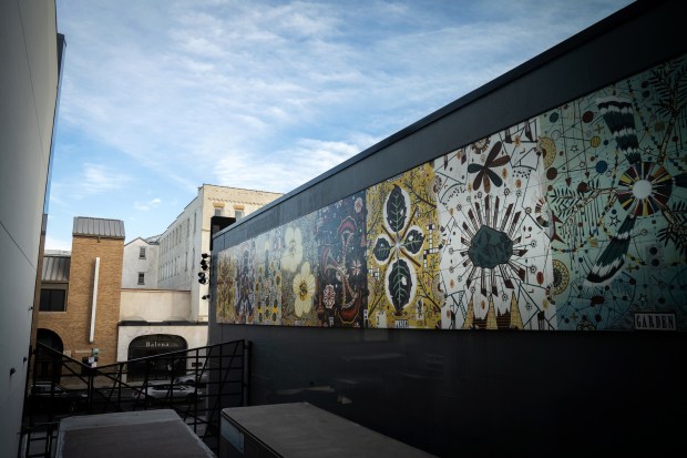 A mural by artist Tony Fitzpatrick at the new Steppenwolf Theatre expanded campus in 2021. (E. Jason Wambsgans / Chicago Tribune)