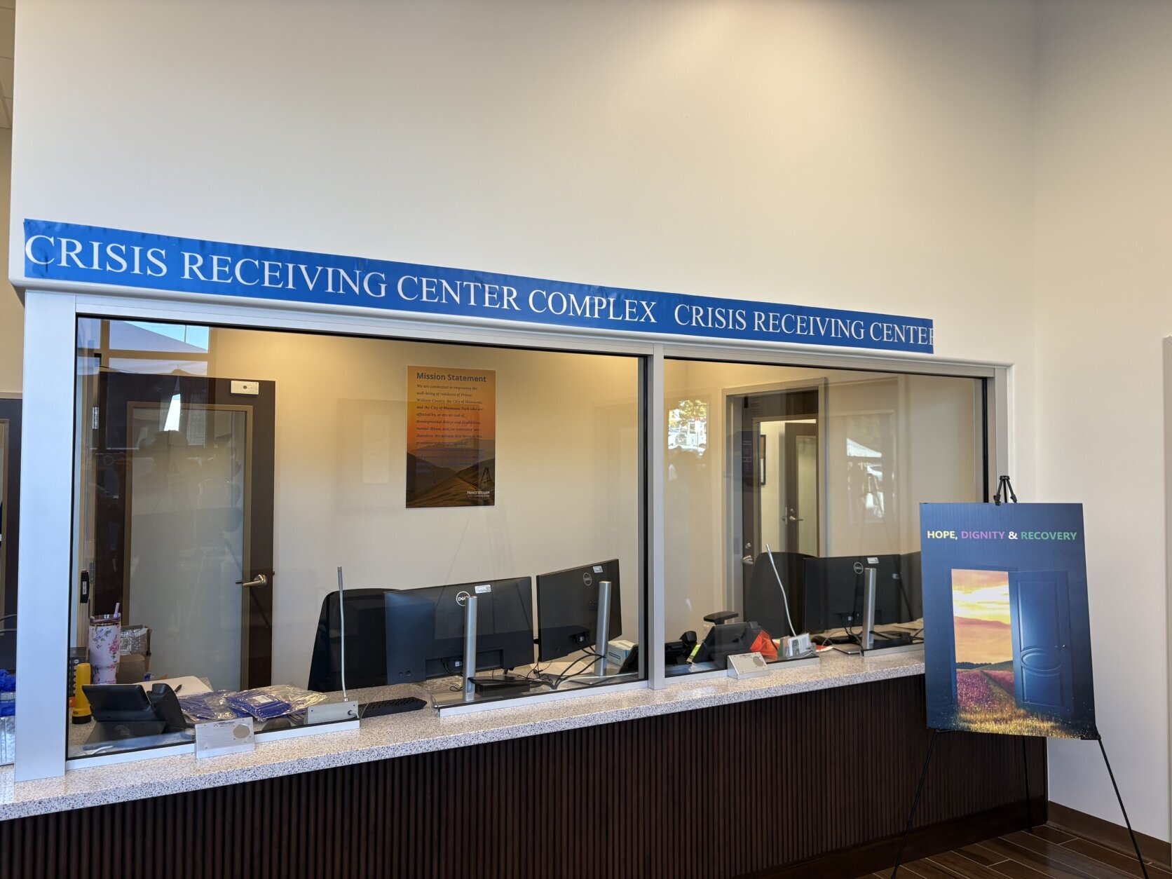 a desk at the crisis center