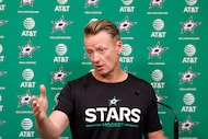 Dallas Stars head coach Glen Gulutzan speaks during a season-opening media availability at...