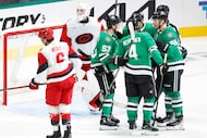 Dallas Stars center Wyatt Johnston (53) and right wing Mikko Rantanen (96) congratulate...