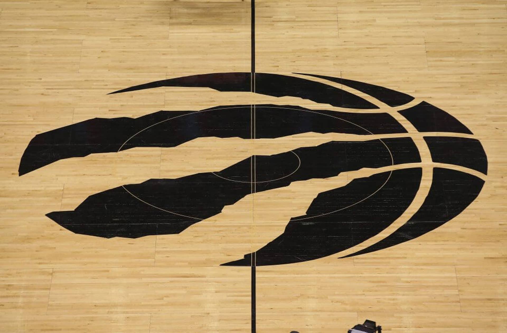 The Toronto Raptors logo decal at center court before the game against the Indiana Pacers in Game One of the Eastern Conference Quarterfinals during the 2016 NBA Playoffs on April 16, 2016 at the Scotiabank Arena.