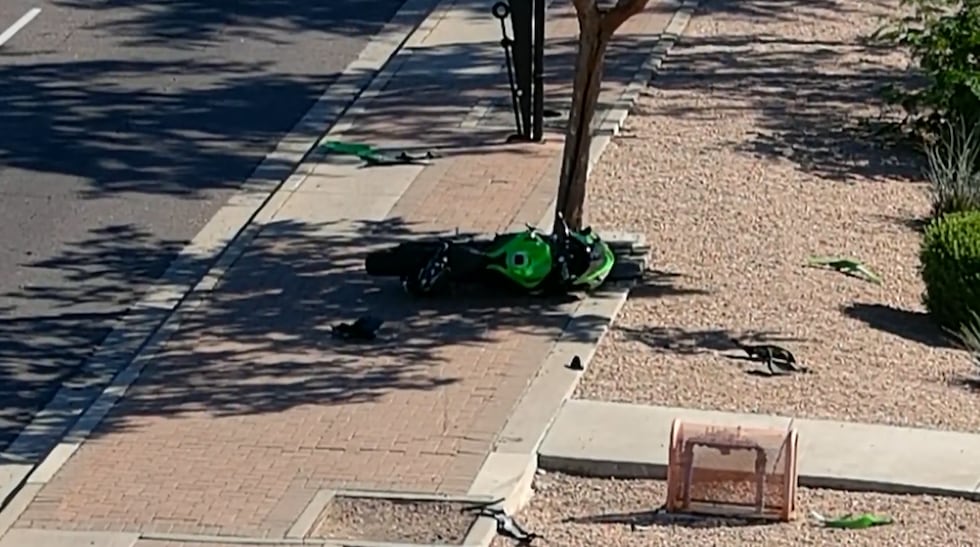 A crashed motorcycle lays off the road near 2nd Street and Dunlap Avenue in north Phoenix.