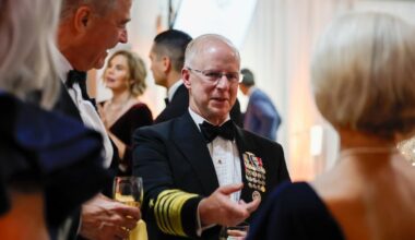 United States Navy Admiral Daryl Caudle CNO meets with with guest during the Navy Homecoming 250 Gala at the National Constitution Center on Saturday, October 11, 2025.