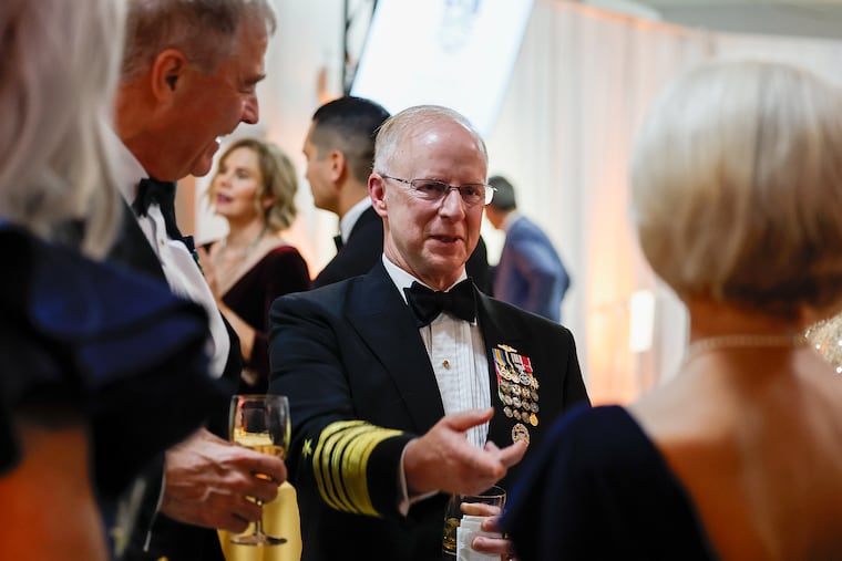United States Navy Admiral Daryl Caudle CNO meets with with guest during the Navy Homecoming 250 Gala at the National Constitution Center on Saturday, October 11, 2025.