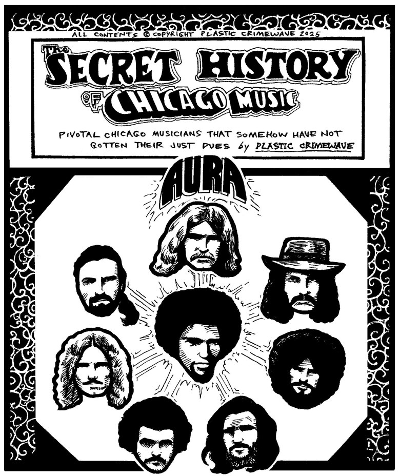 A black-and-white hand-drawn portrait of 1970s horn-rock eight-piece Aura, embedded in the title card for the Secret History of Chicago Music; the drawing is stylized so that seven members' heads are arranged in a circle around the head of front man Al Lathan, who is radiating like a sun