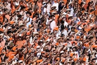 Texas fans cheer their team before an NCAA college football game against Oklahoma at the...