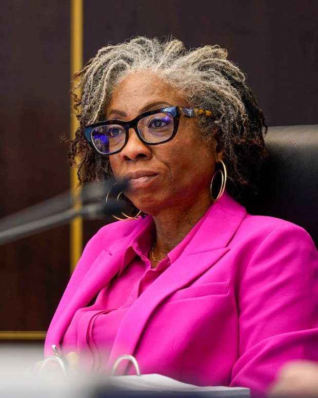 Supervisor Monica Montgomery Steppe, pictured listening to public comments at a Board of Supervisors meeting on Tuesday, April 8, 2025, wants the county's Probation Department to phase out use of pepper spray in its facilities. (Alejandro Tamayo / The San Diego Union-Tribune)