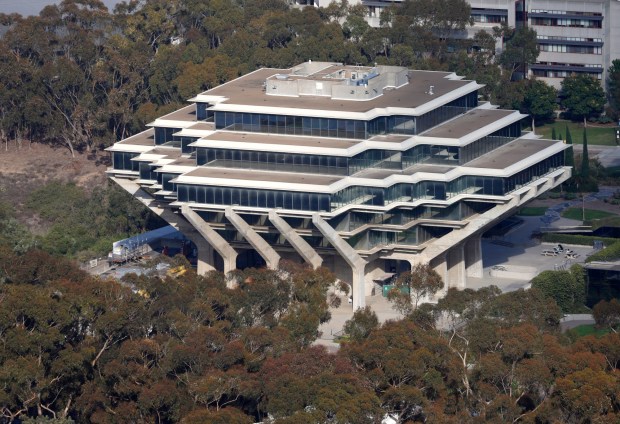 In an aerial photo, the Geisel Library at UC San Diego is seen on Oct. 7, 2025 in San Diego, CA. (K.C. Alfred / The San Diego Union-Tribune)