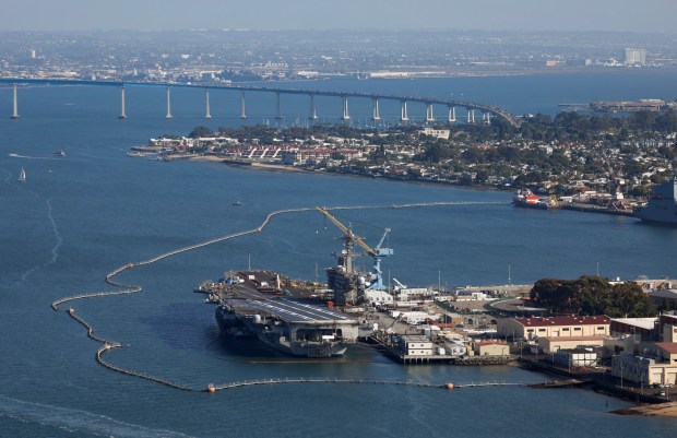 The USS Carl Vinson (CVN-70), a Nimitz-class nuclear-powered aircraft carrier is docked at Naval Air Station North Island on Oct. 7, 2025 in San Diego, CA. (K.C. Alfred / The San Diego Union-Tribune)