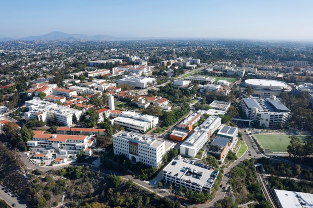 In an aerial view, San Diego State University (SDSU), with Viejas Arena, right, is seen on Oct. 7, 2025 in San Diego, CA. (K.C. Alfred / The San Diego Union-Tribune)