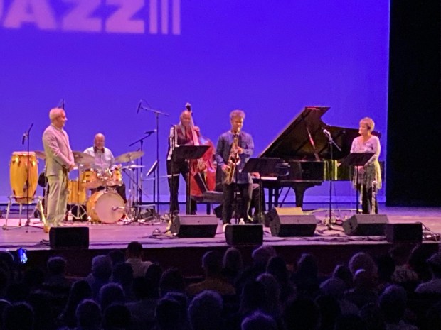 Saturday's tribute to sax giant James Moody featured an all-star band at the San Diego Tijuana International Jazz Festival. pictured from left are trumpeter Gilbert Castellanos, drummer and singer Lewis Nash, bassist John Clayton, saxophonist David Sanchez, pianist Gerald Clayton and flutist Holly Hofmann. (Beth Wood)