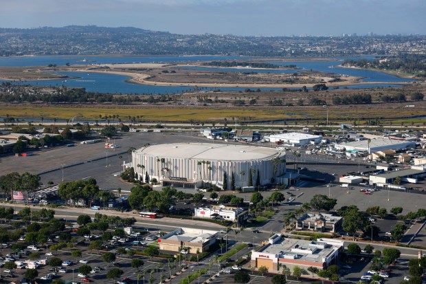 In an aerial photo, Pechanga Arena, also known as the Sports Arena, is seen in the Midway District on Oct. 7, 2025 in San Diego, CA. (K.C. Alfred / The San Diego Union-Tribune)