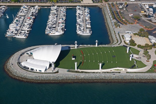 In an aerial photo, the Rady Shell at Jacobs Park is seen on Oct. 7, 2025 in San Diego, CA. (K.C. Alfred / The San Diego Union-Tribune)