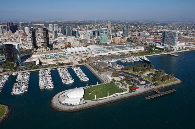 In an aerial photo, Embarcadero Marina Park South, Rady Shell at Jacobs Park, San Diego Convention Center and downtown are seen on Oct. 7, 2025 in San Diego, CA. (K.C. Alfred / The San Diego Union-Tribune)