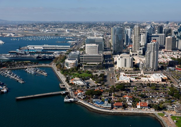 In an aerial photo, Seaport Village, Research and Development District (RaDD), center, are seen along San Diego Bay on Oct. 7, 2025 in San Diego, CA. (K.C. Alfred / The San Diego Union-Tribune)