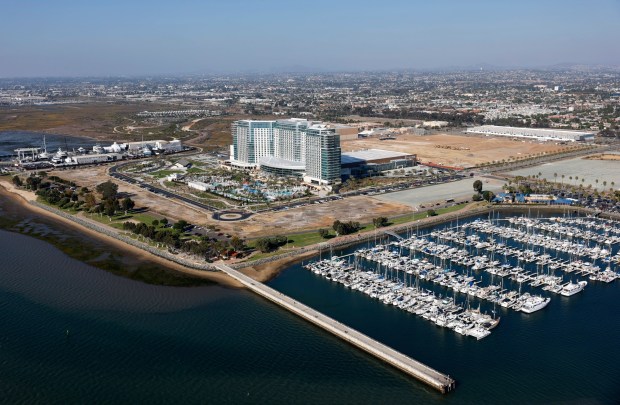 In an aerial photo, the Gaylord Pacific Resort & Convention Center, Chula Vista Marina and Bayfront Park are seen on Oct. 7, 2025 in Chula Vista, CA. (K.C. Alfred / The San Diego Union-Tribune)