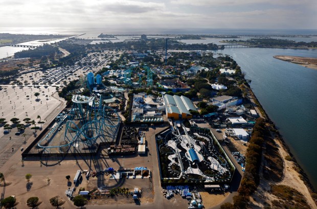 In an aerial photo, SeaWorld San Diego is seen on Oct. 7, 2025 in San Diego, CA. (K.C. Alfred / The San Diego Union-Tribune)
