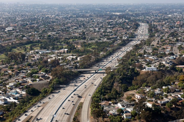 In an aerial photo, Interstate 805 is seen on Oct. 7, 2025 in National City, CA. (K.C. Alfred / The San Diego Union-Tribune)