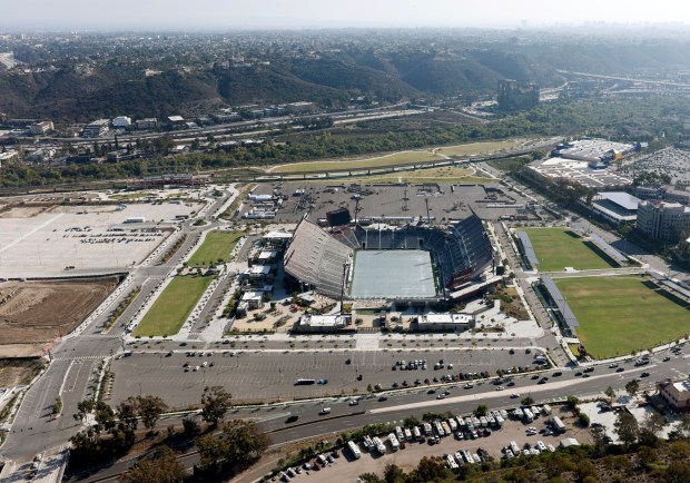 In an aerial view, the San Diego State University SDSU Mission Valley site and Snapdragon Stadium is seen on Oct. 7, 2025 in San Diego, CA. (K.C. Alfred / The San Diego Union-Tribune)