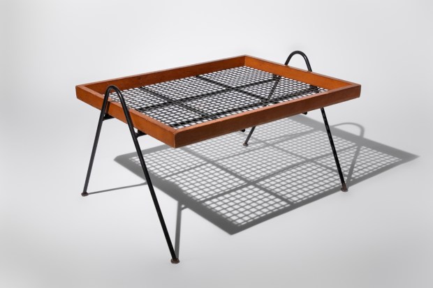 Milo Baughman's "Tray Table" (perforated metal tray, birch frame, steel base; circa 1949) from the collection of John Chatfield. (Ron Kerner)
