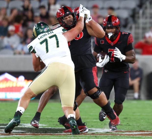 San Diego State running back Lucky Sutton looks for room to run against Colorado State. (Hayne Palmour IV / For The San Diego Union-Tribune)